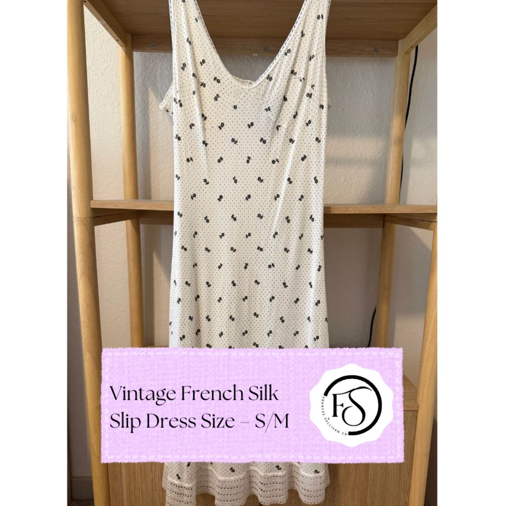 Vintage French Silk Floral Slip Dress with Lace Hem